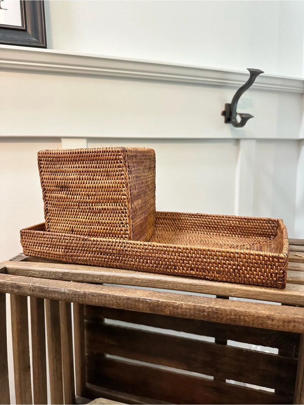 Woven Rattan Tissue Box Holder Cover & Tray Set - Natural Earthy Brown Classy
